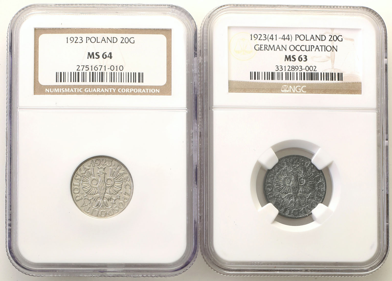 II RP/Generalna Gubernia. 20 groszy 1923 NGC MS63 / MS64, zestaw 2 monet